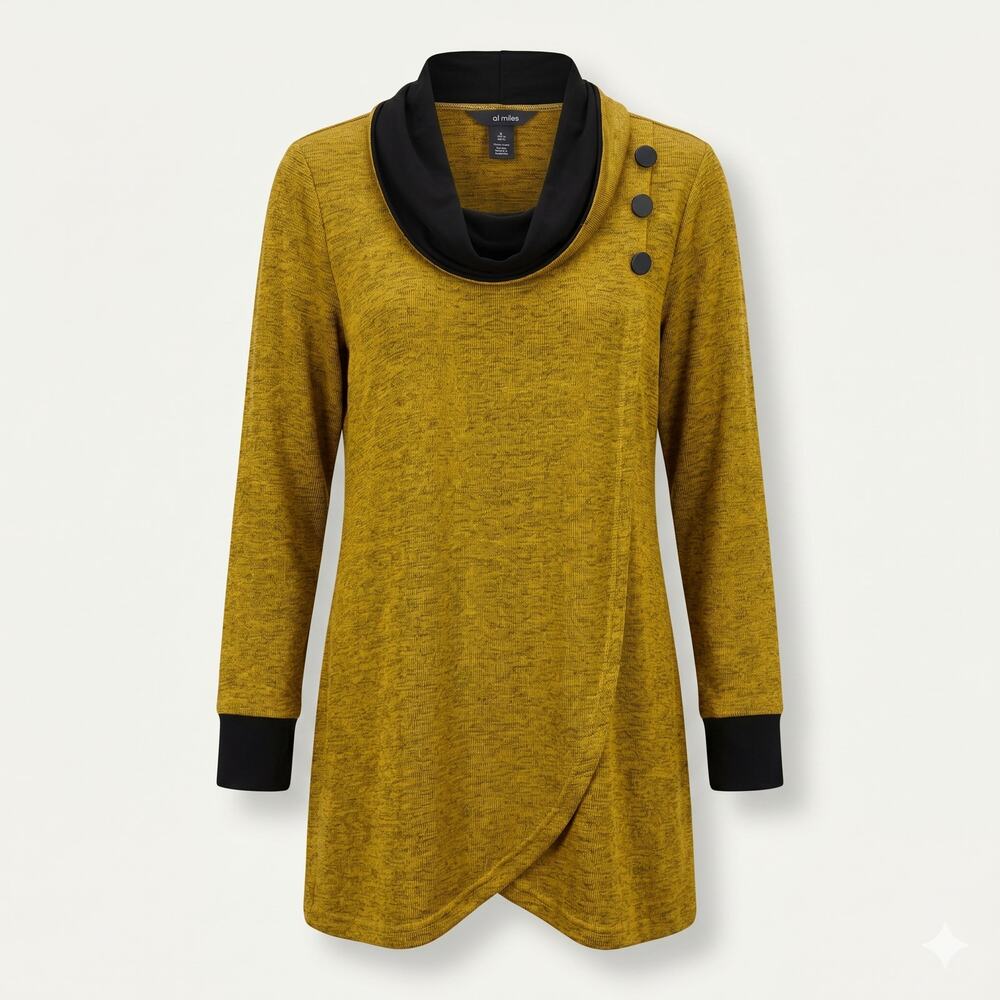 Ali‎ Miles Womens L Artsy Eclectic Lagenlook Cowl Neck Asymmetrical Tunic Top